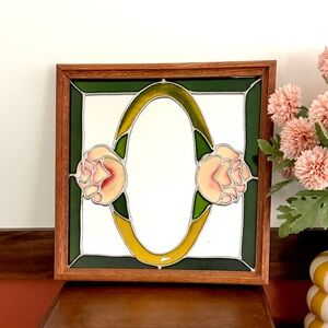 Vintage Rose Stained Glass Painted Mirror 1970s Wooden Frame Accent Mirror Boho